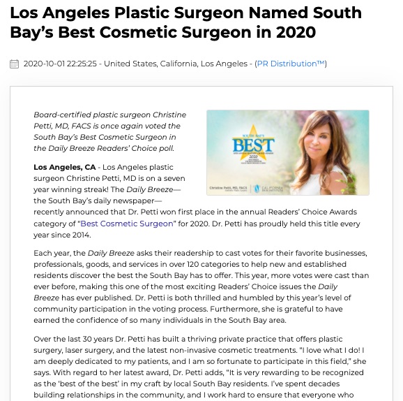 The annual Daily Breeze Readers’ Choice survey names Los Angeles plastic surgeon Christine Petti, MD the South Bay’s Best Cosmetic Surgeon in 2020